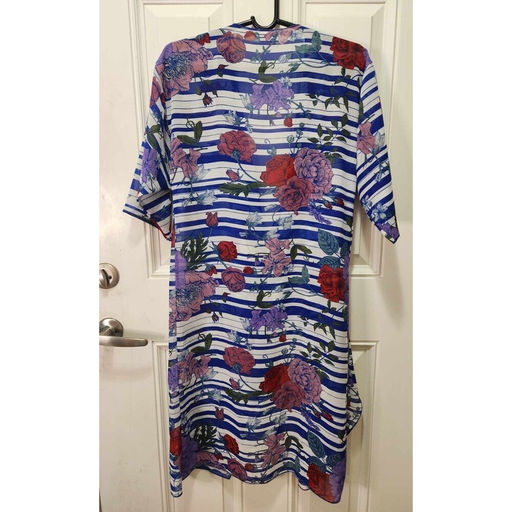 Floral Striped Kimono Cardigan Lightweight Sheer Open Front Cover Up Size Small - Picture 4 of 4